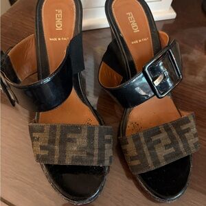Fendi Black and Brown Sandals with Monogram Print